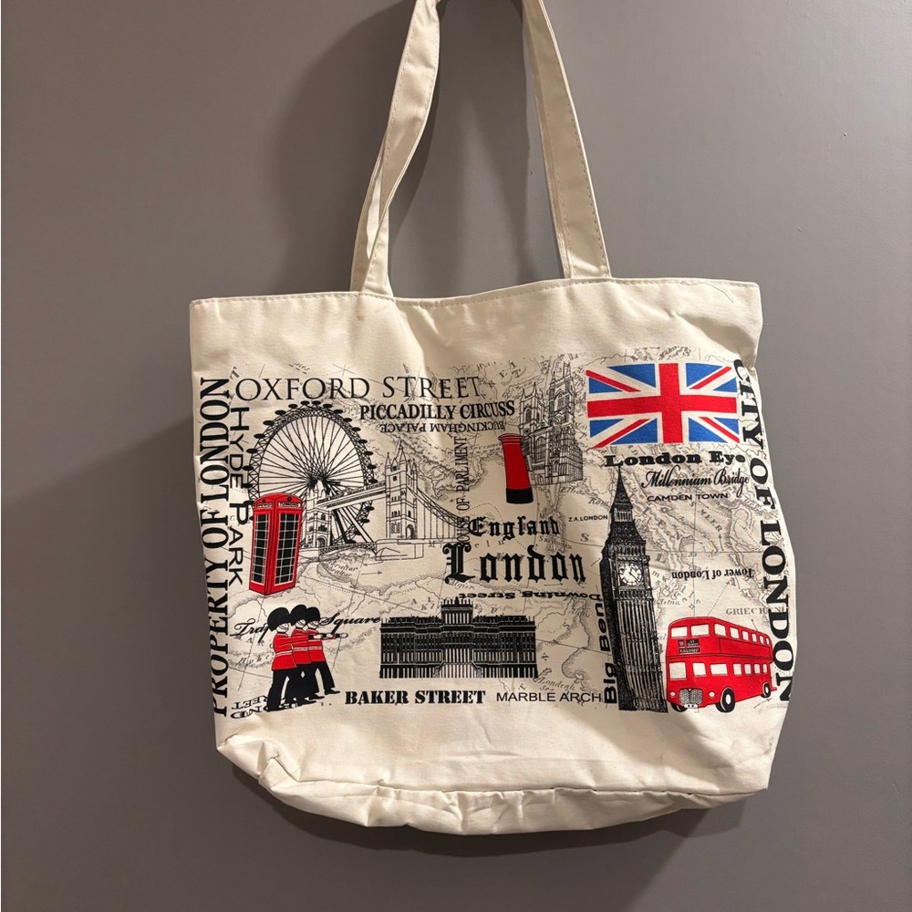 London Themed Canvas Tote Bag - Cream and Red
